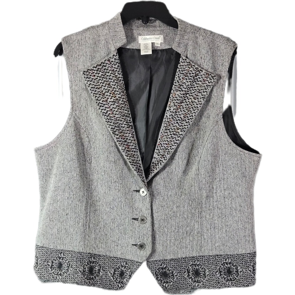 Coldwater Creek Womens XL Herringbone Beaded Embroidered Button Front Vest Grey